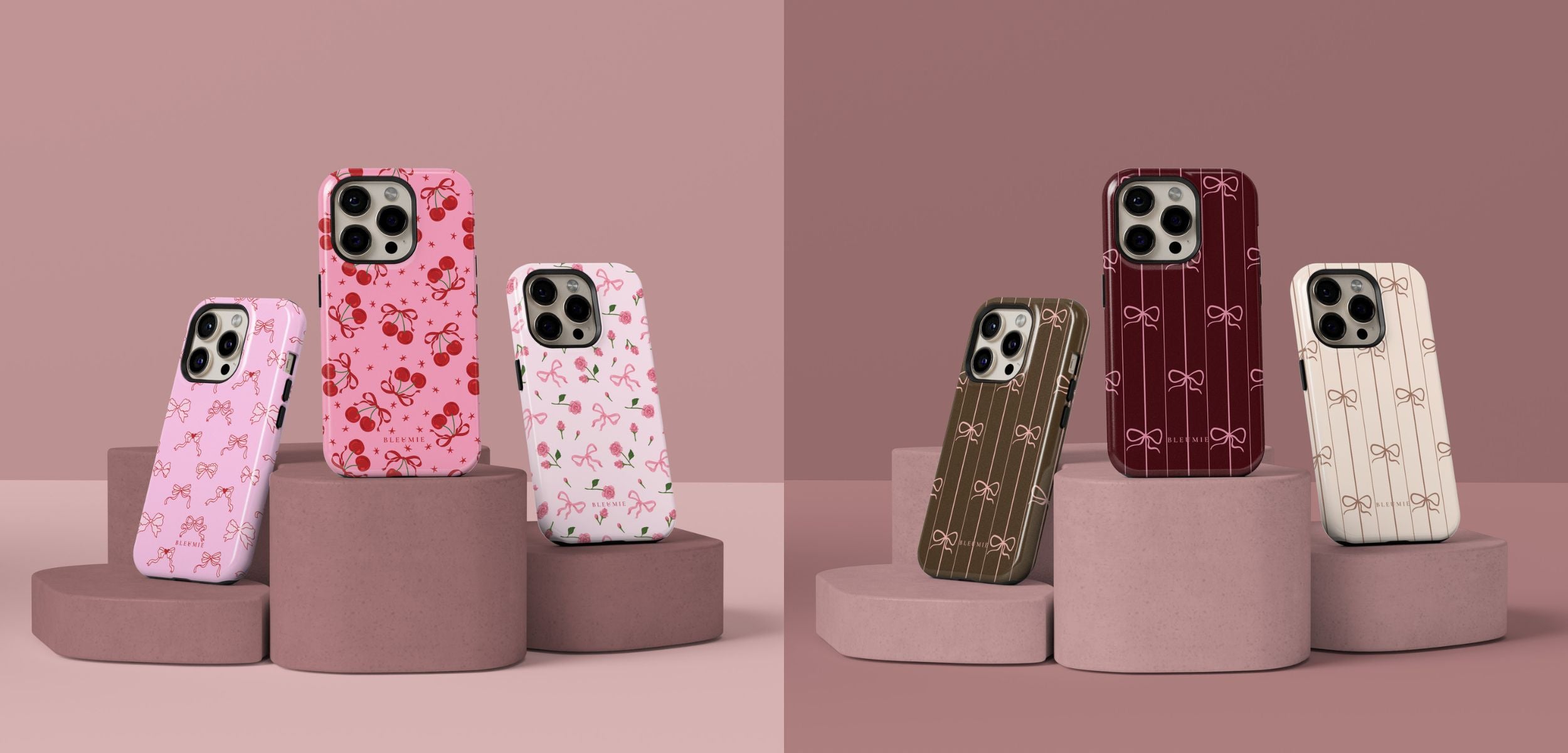 Bleumie iPhone case collection with cute bow, cherry, and stripe designs in pink, brown, and cream tones. Cases are styled on minimalist pink podiums with a soft, feminine dual-tone pink background.
