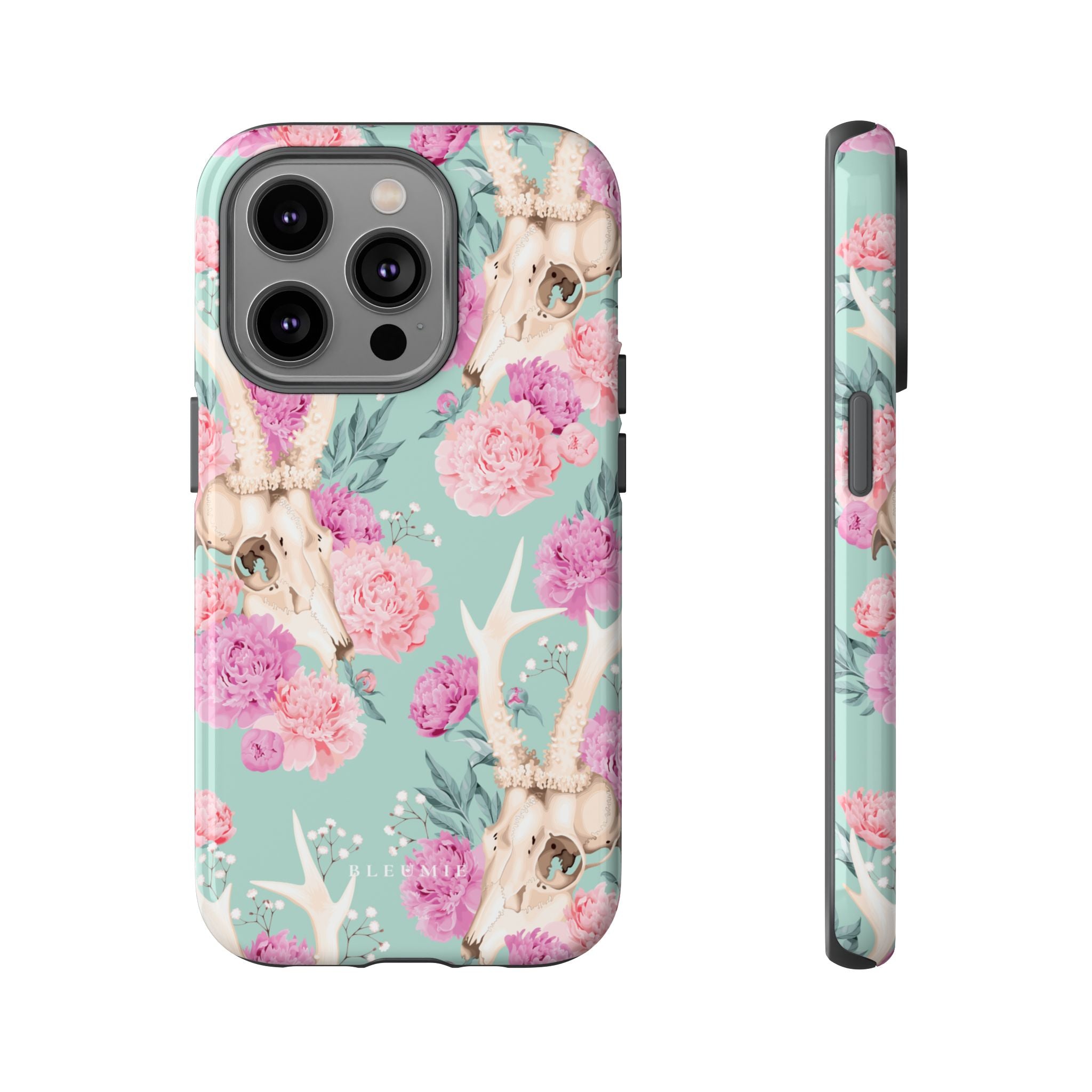 Mint Peony Skull Floral iPhone Case