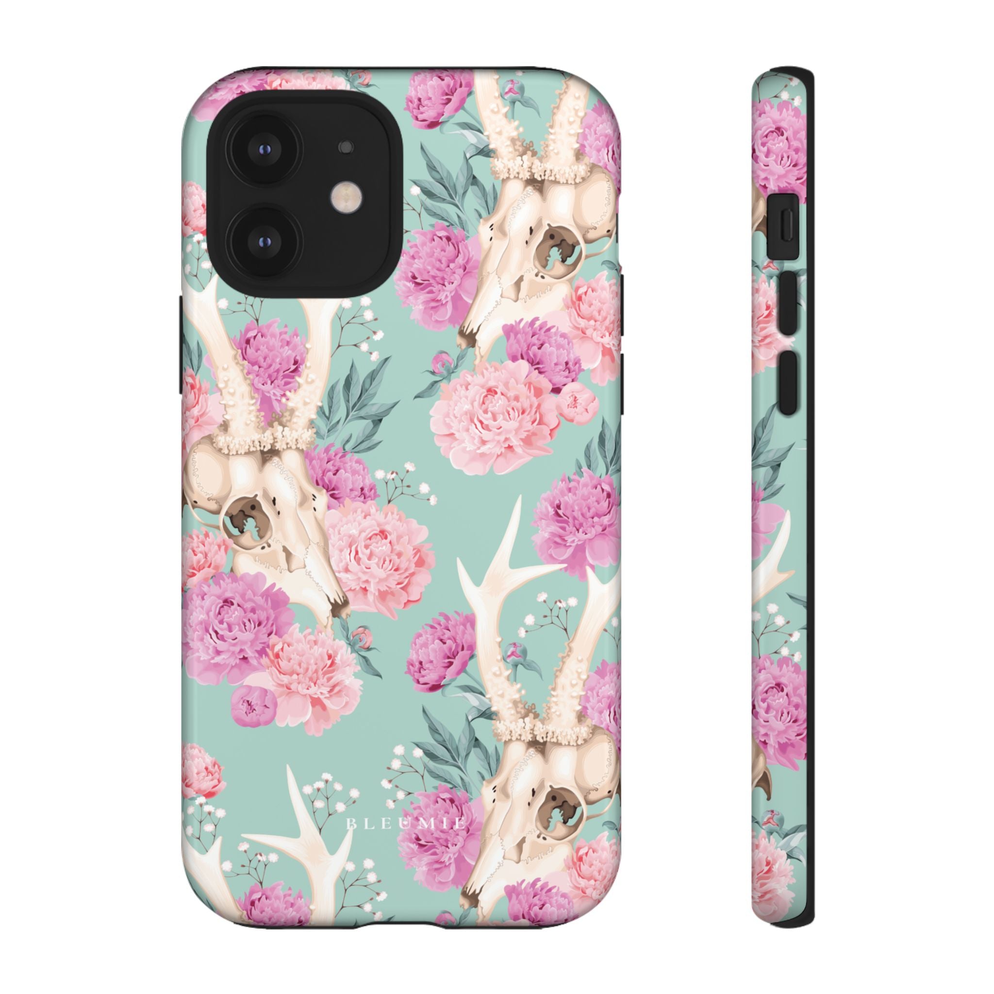 Mint Peony Skull Floral iPhone Case