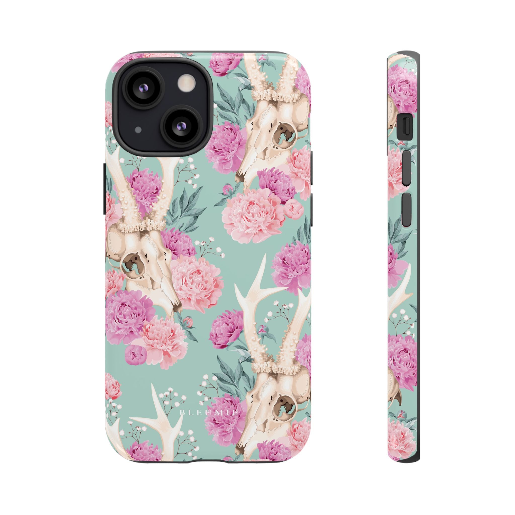 Mint Peony Skull Floral iPhone Case