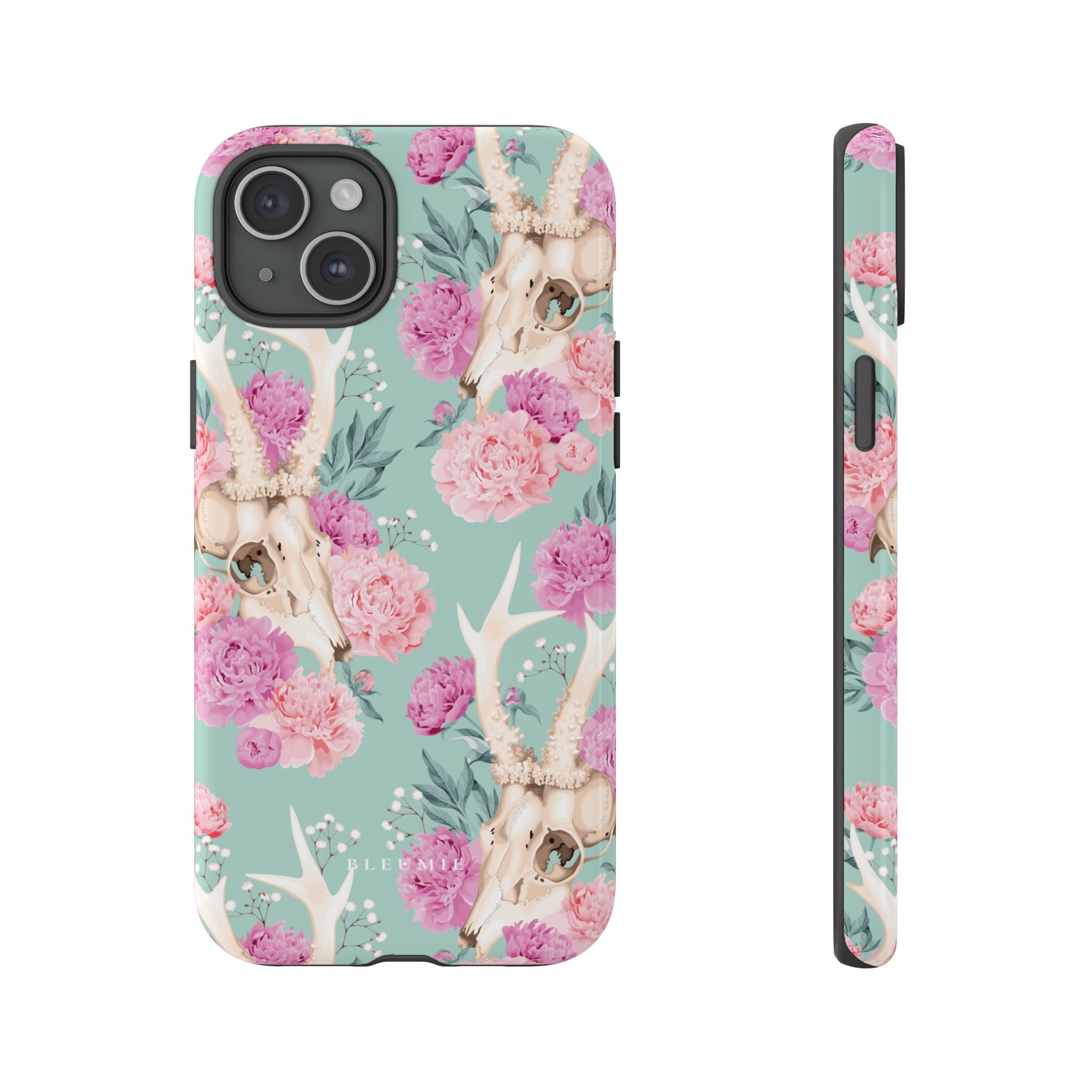 Mint Peony Skull Floral iPhone Case