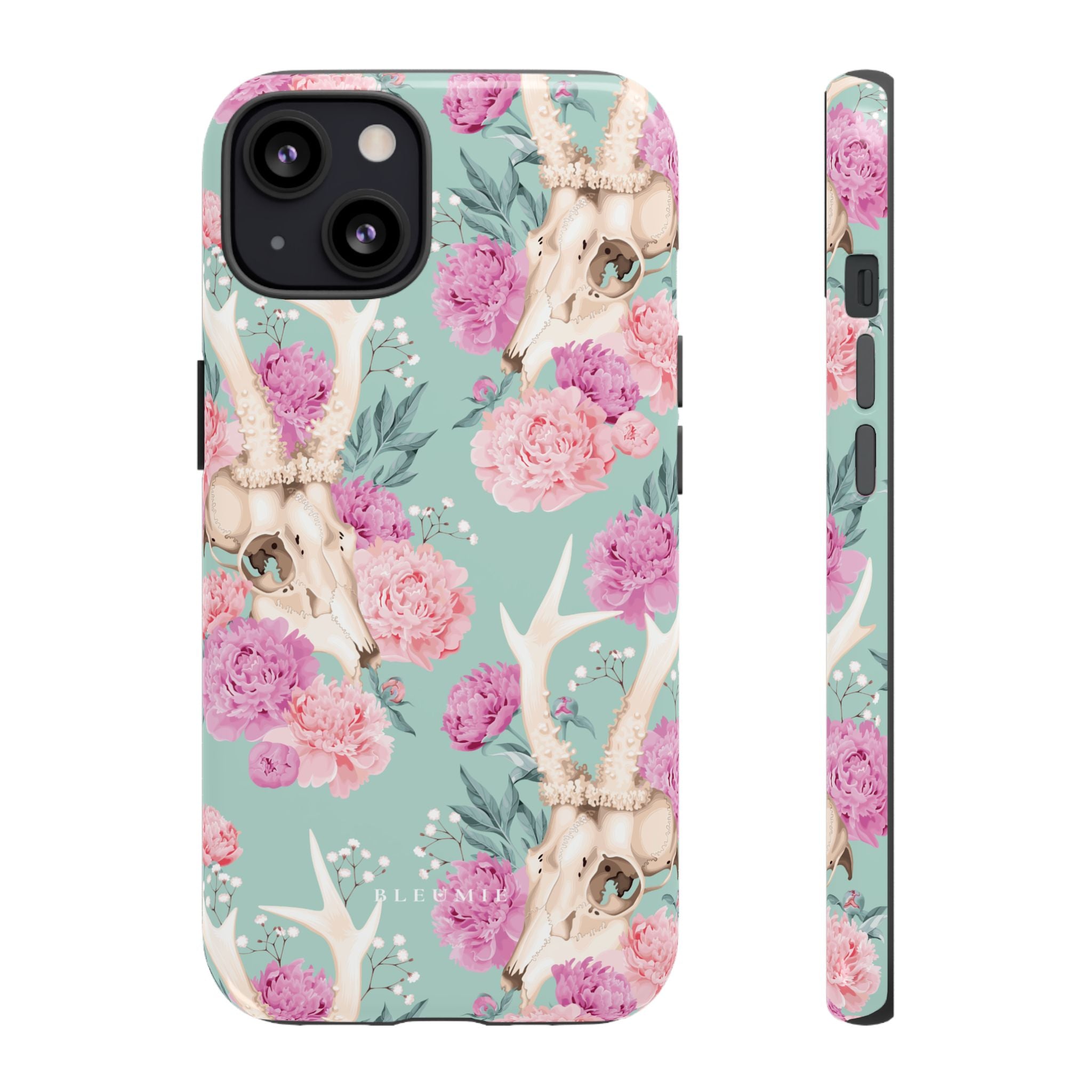 Mint Peony Skull Floral iPhone Case
