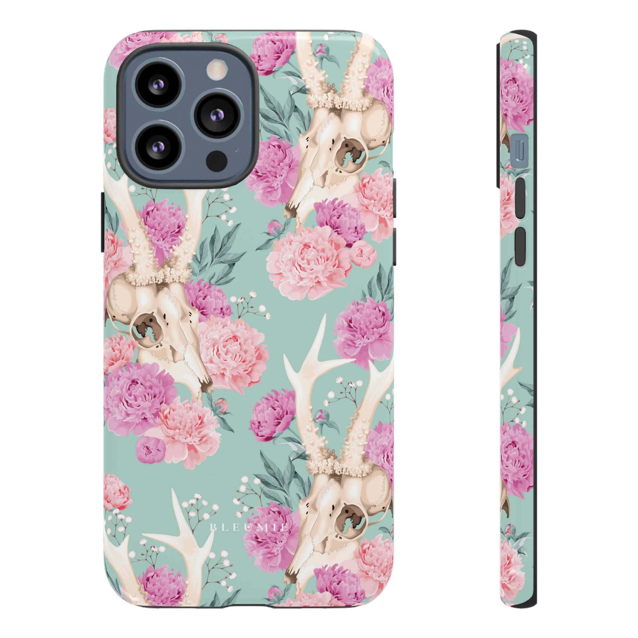Mint Peony Skull Floral iPhone Case