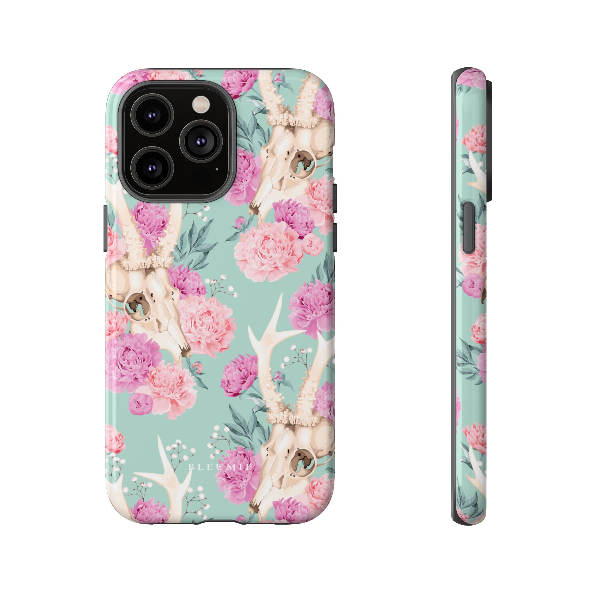 Mint Peony Skull Floral iPhone Case