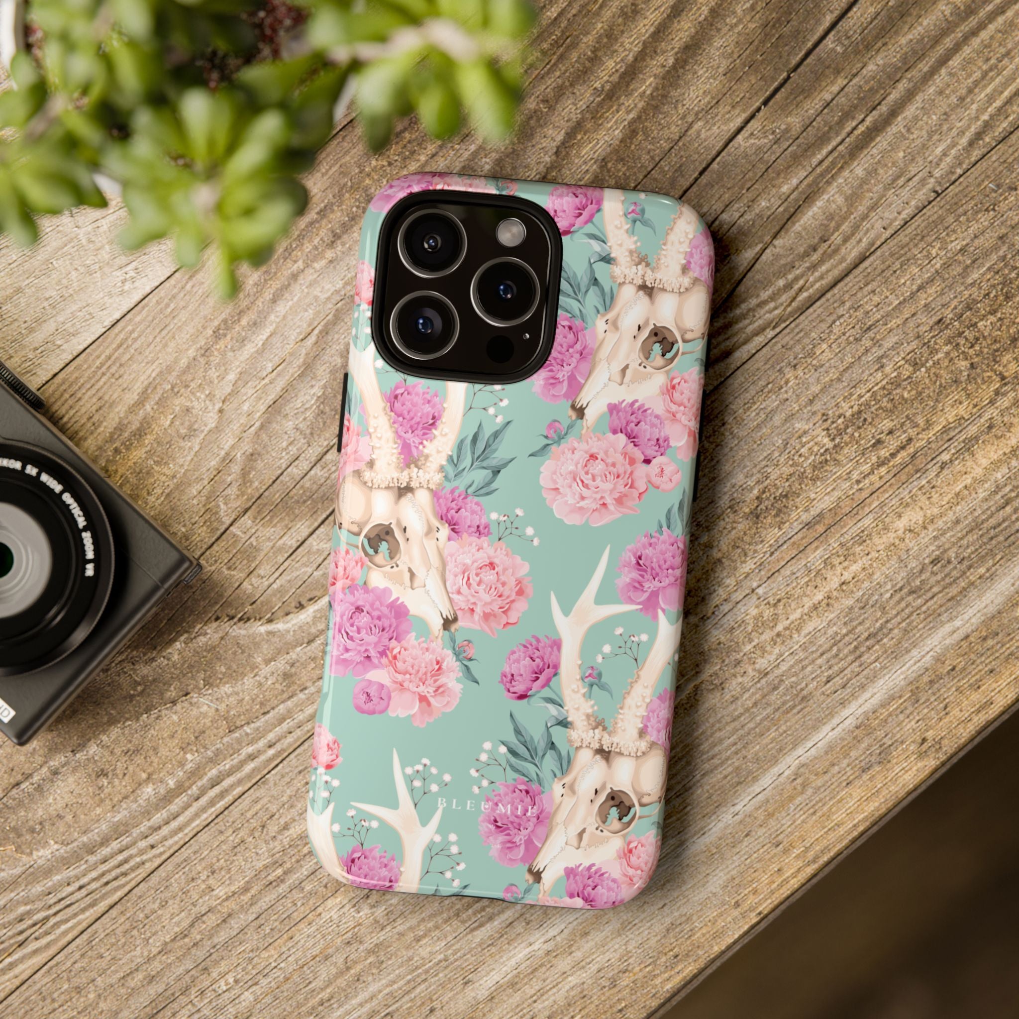 Mint Peony Skull Floral iPhone Case