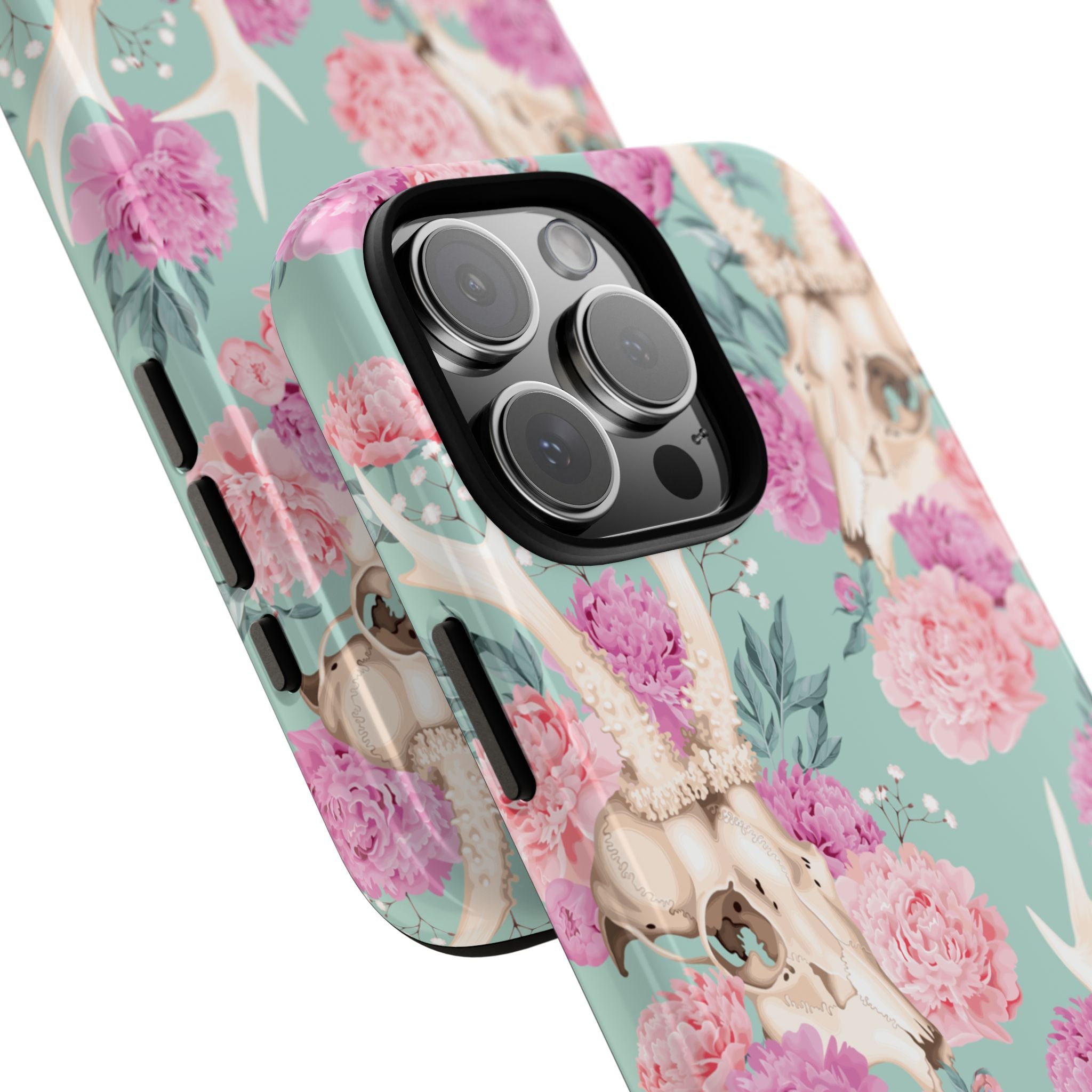 Mint Peony Skull Floral iPhone Case