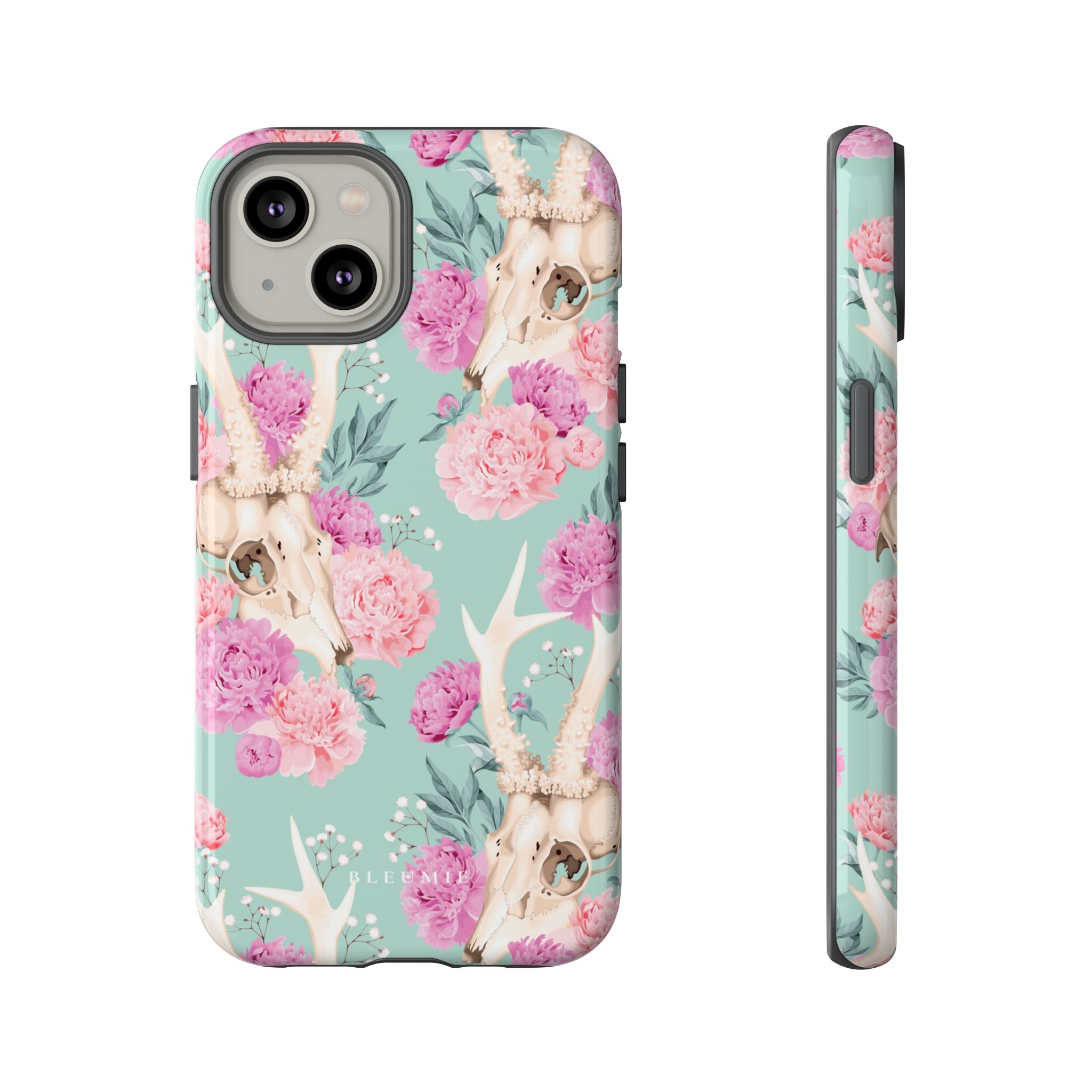 Mint Peony Skull Floral iPhone Case