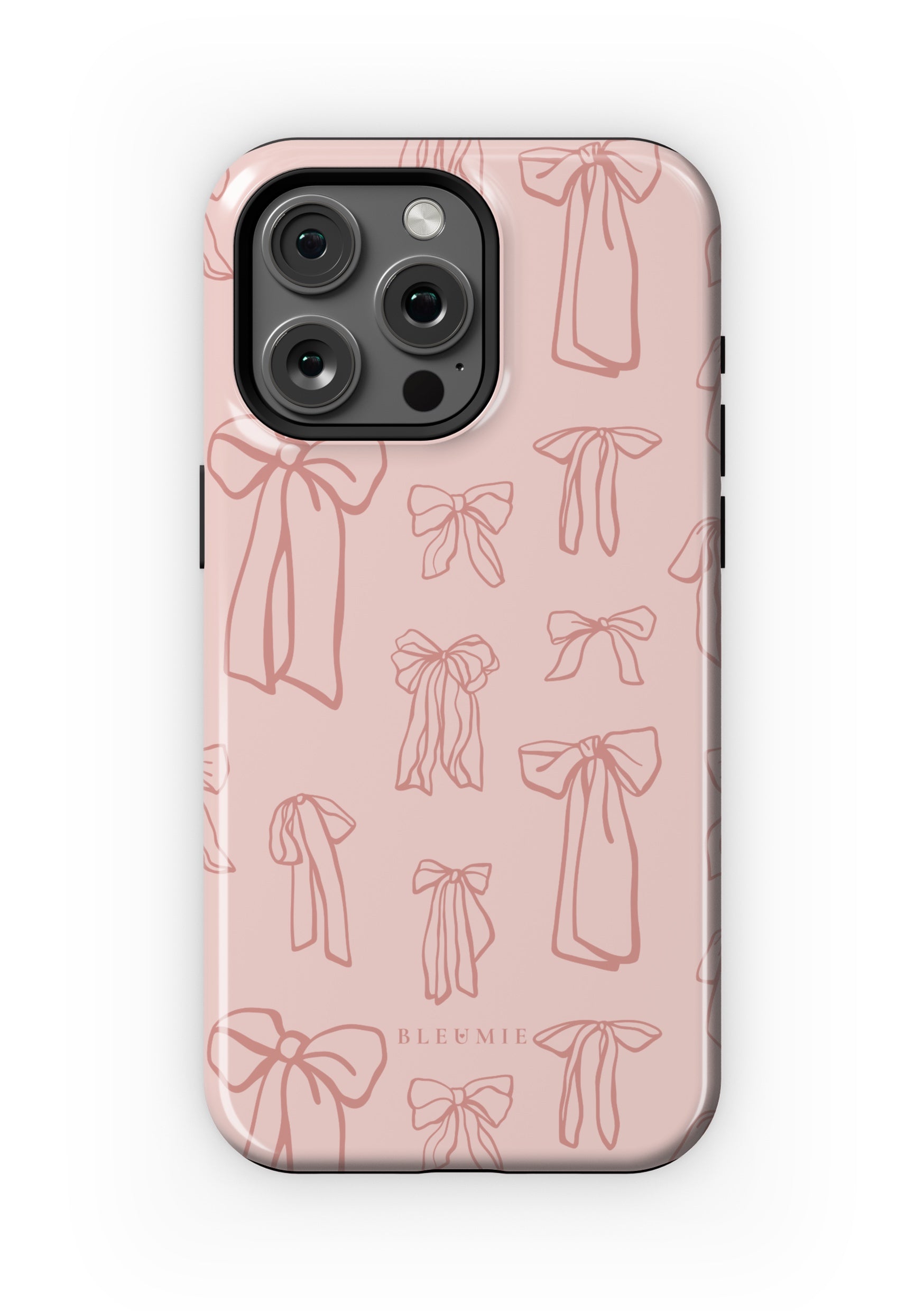 BLEUMIE pink MagSafe iPhone Case with elegant bow pattern and protective design